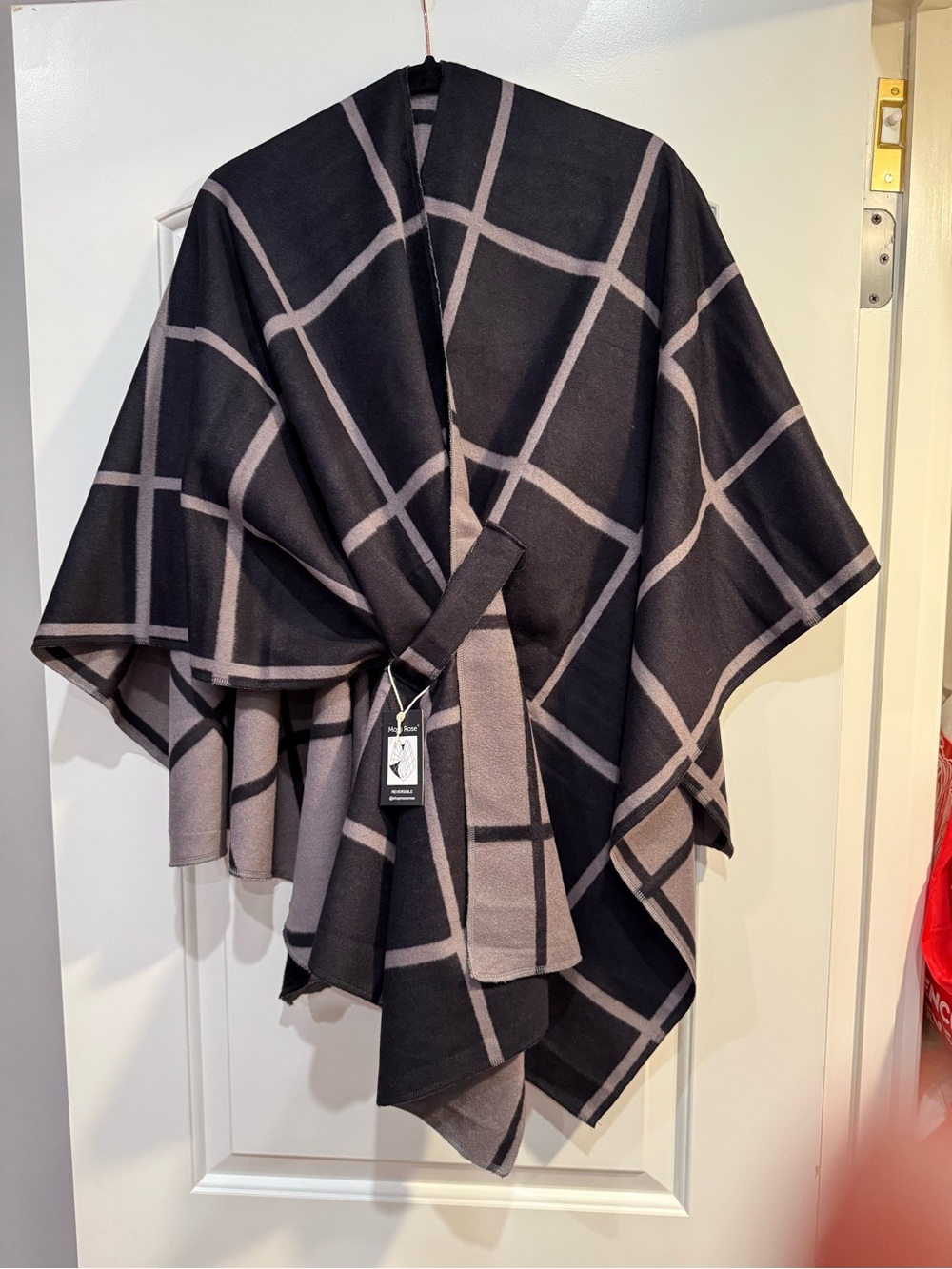 Windowpane Black/Grey Reversible Open Front Ruana Poncho - Picture 2 of 11